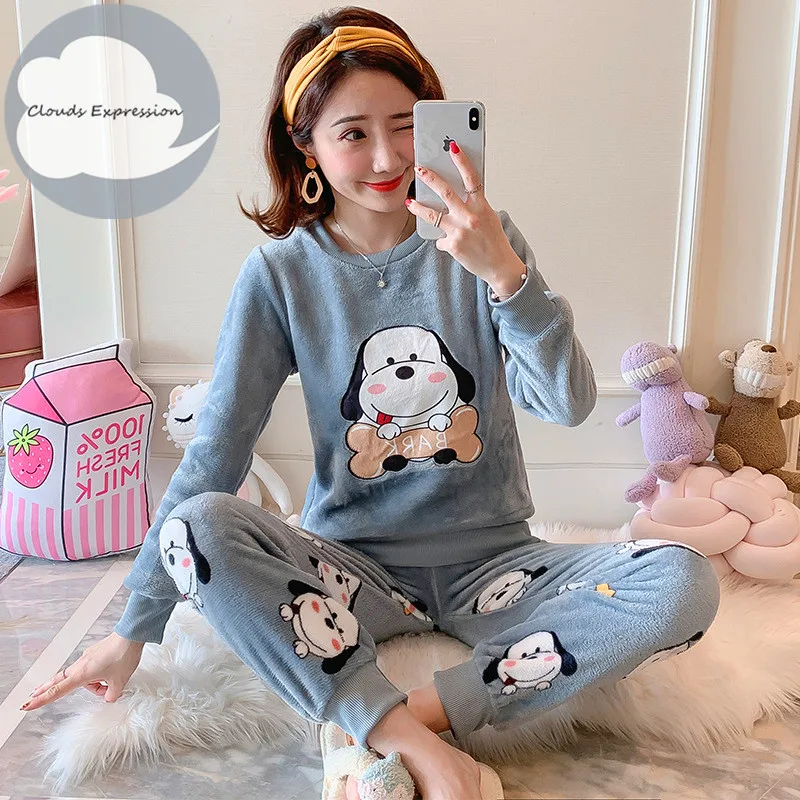 

Winter Cheap Flannel Women's Sleepwear Pajamas Sweet Girls Cartoon Pajama Set Pullover Coral Fleece Pijamas Mujer Home Suits