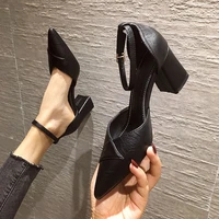 leisure womens pointy toe chuncky high heeled shallow pumps solid pu leather ankle strap summer pumps elegant concise shoes