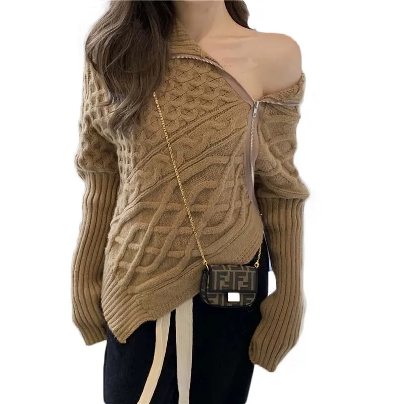 

Spring And Autumn Design Sense Niche Sexy Off-The-Shoulder Irregular Sweater Women's Zipper Padded Sweater top Y22