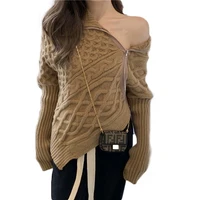 spring and autumn design sense niche sexy off the shoulder irregular sweater womens zipper padded sweater top y22