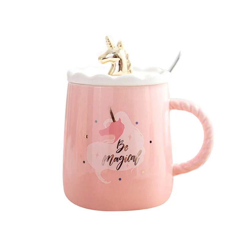 

Korean-Style Gold Foil Unicorn Net Red Ceramic Cup Pink Girl's Heart Mascot Cup with Lid Spoon Student Mug