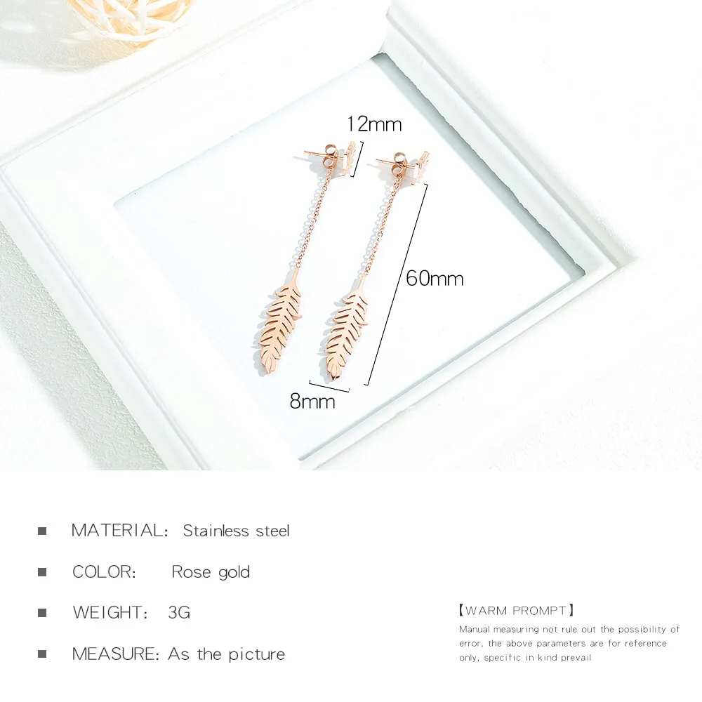

Cyue Fashion Stainless Steel Titanium Steel Tassel Rose Gold Plated Feather Stud Earrings For Women Girlfriend Gift Jewelry