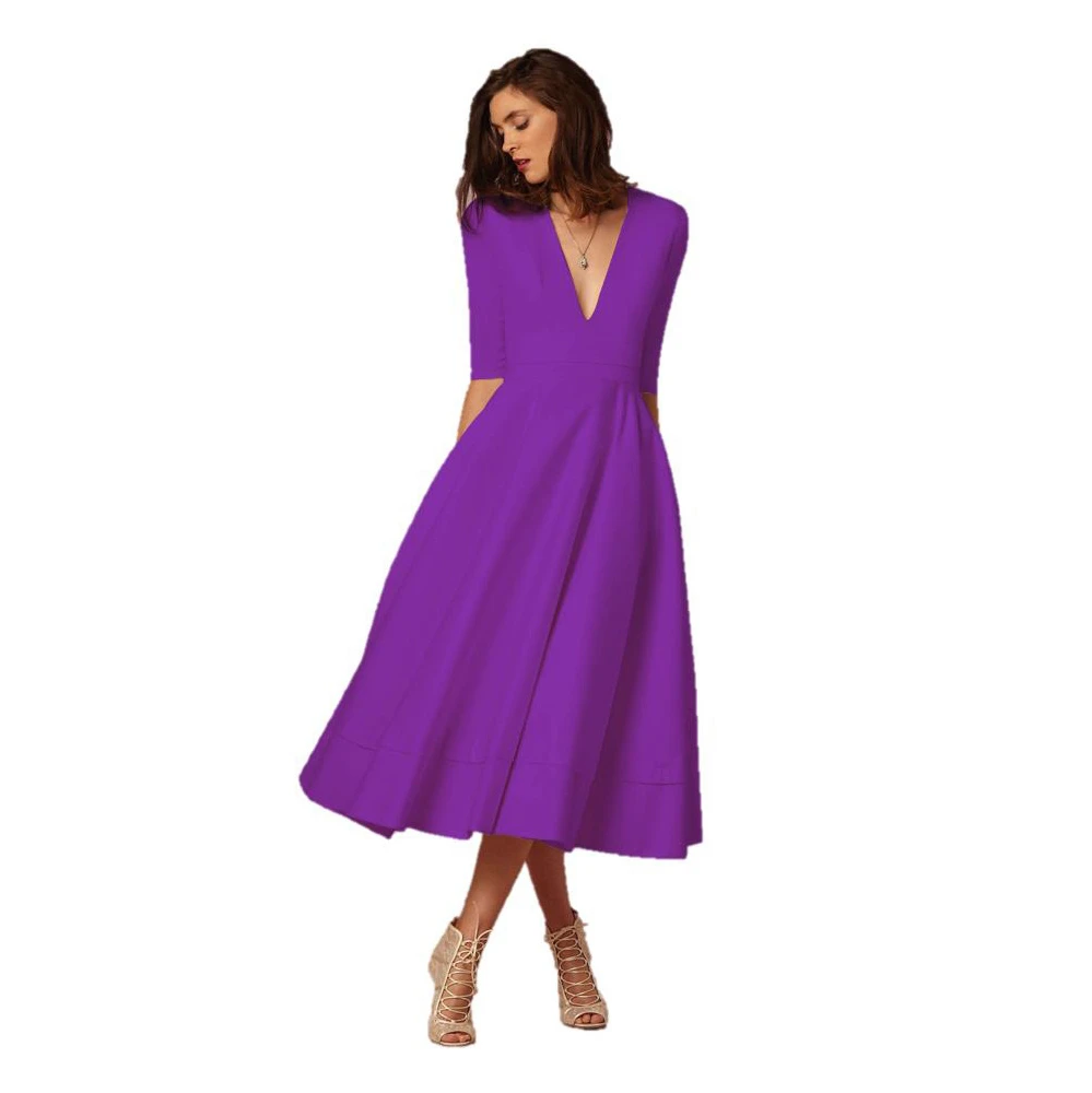 

Jospoo Women Elegant A-Line V Neck White Dress Half Sleeves Sexy Night Club Long Dress Solid Color Office Casual Summer Dress