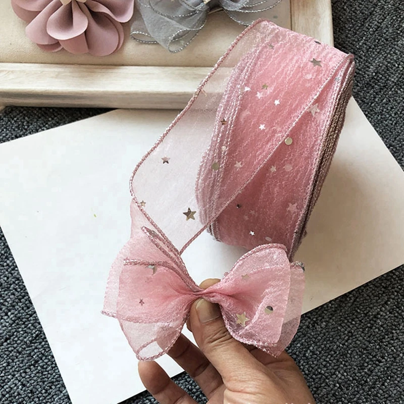 20 м рулон тюлевой ленты с проволокой и серебристыми блестками со звездами для