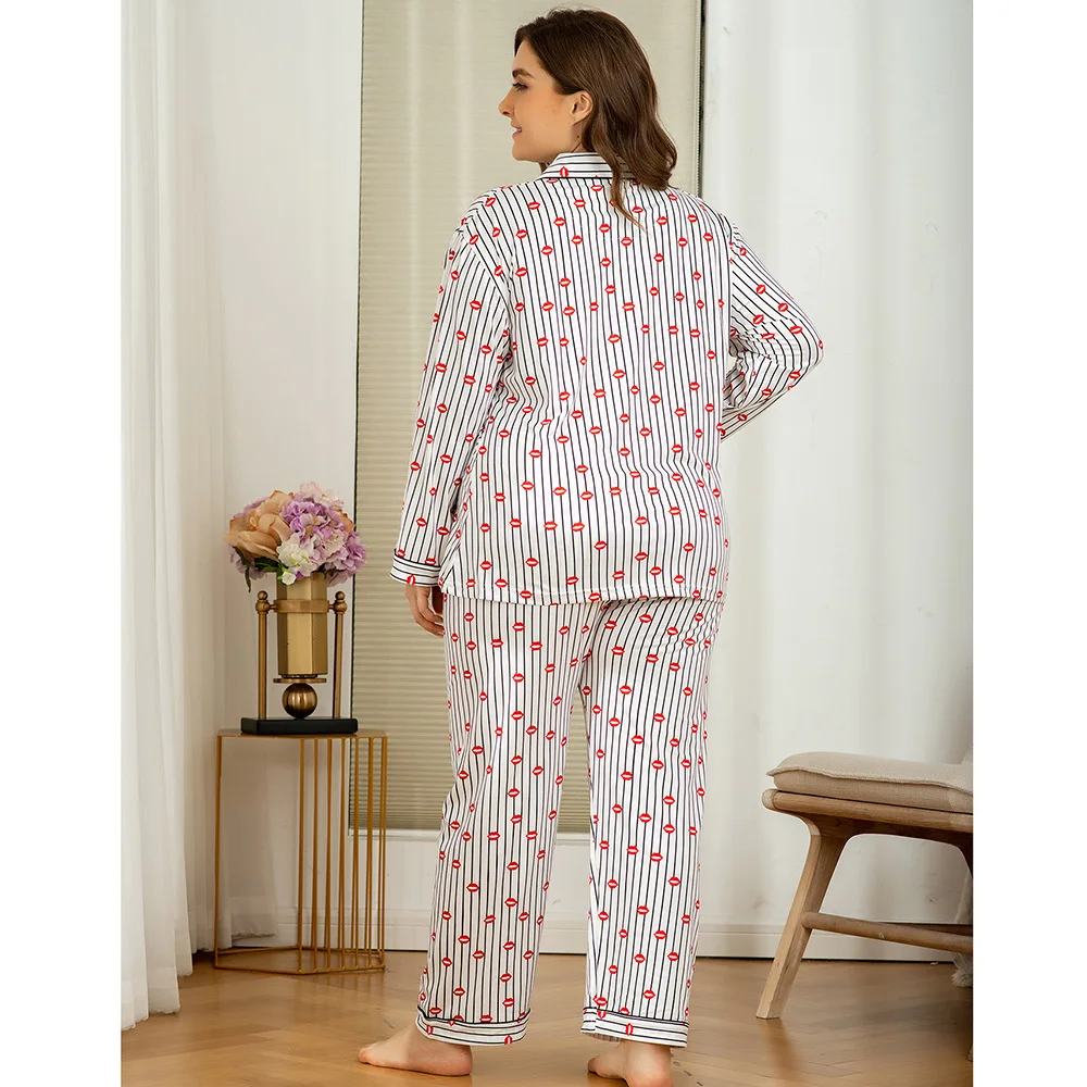 Женская пижама с длинным рукавом полосатая рубашка и штаны размера плюс на осень
