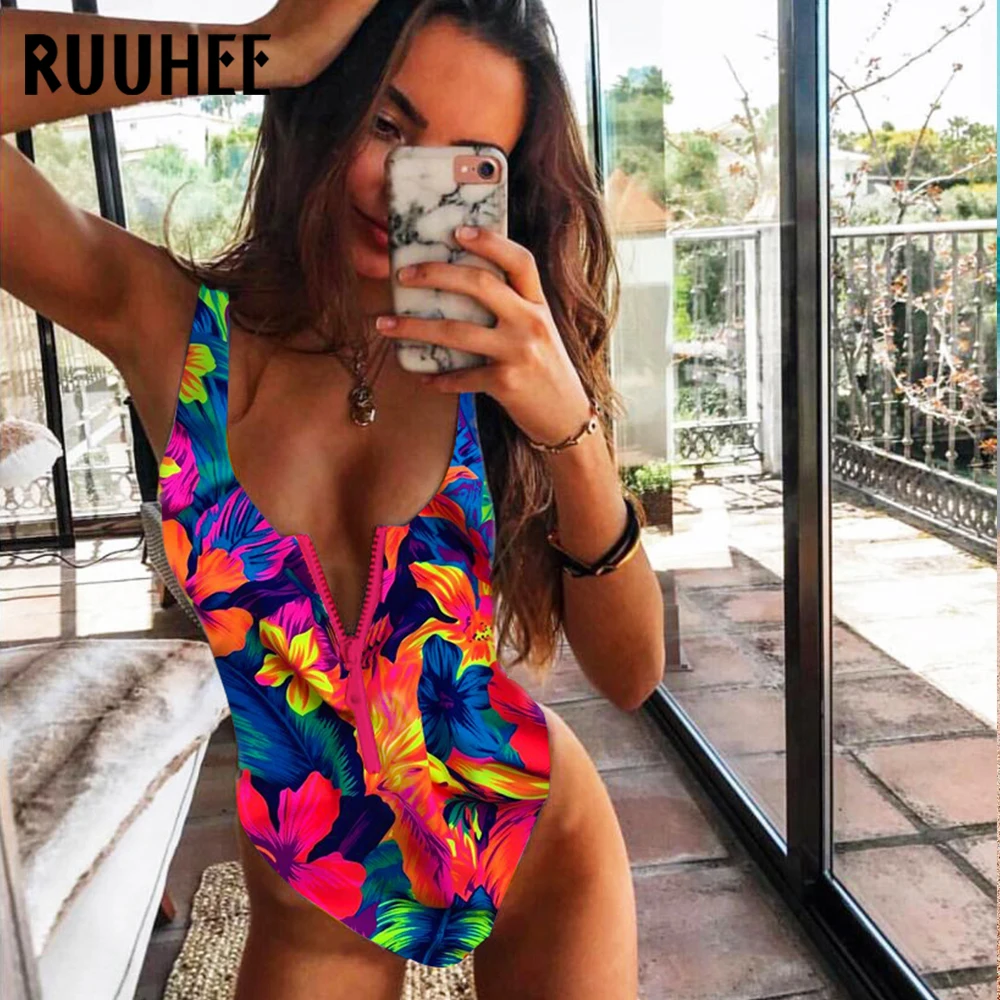 RUUHEE 2021 купальник женский цельный на молнии с принтом однотонный полосатый