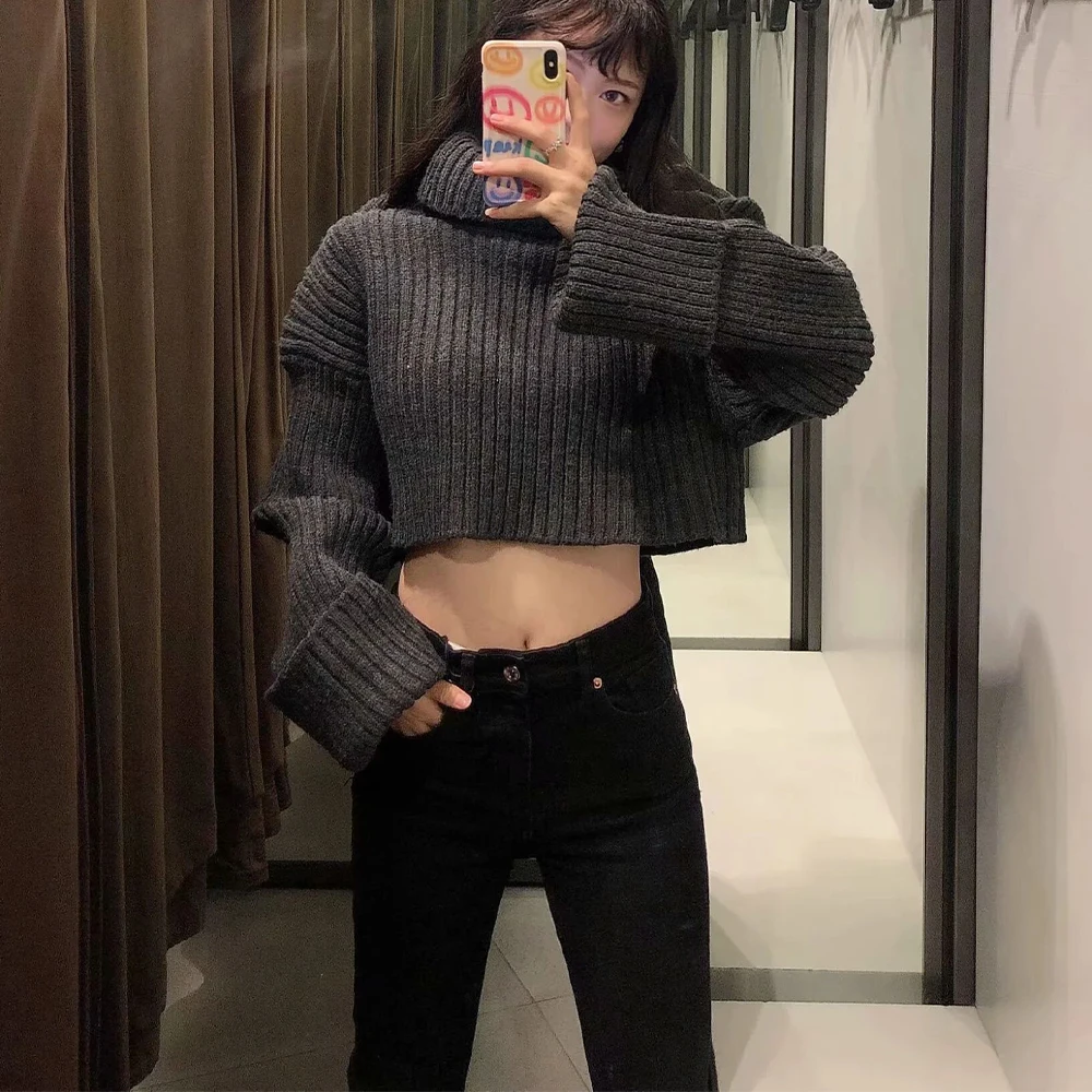 

New Autumn Winter Women Cropped Knit Sweater High Neck Long turn-up sleeves Ribbed Sweater Casual Fashion Chic Pullover