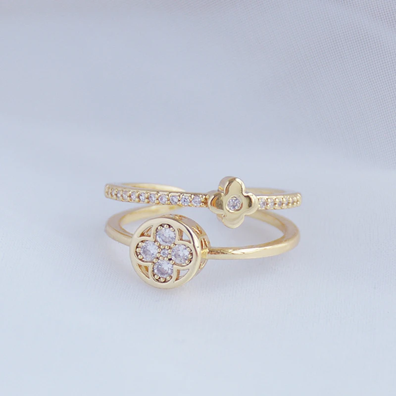 

Vintage Noble 14k Real Gold Jewelry Geometry Rings for Women Adjustable Open Brilliant Zirconia Wedding Party INS Hot Fine Gift