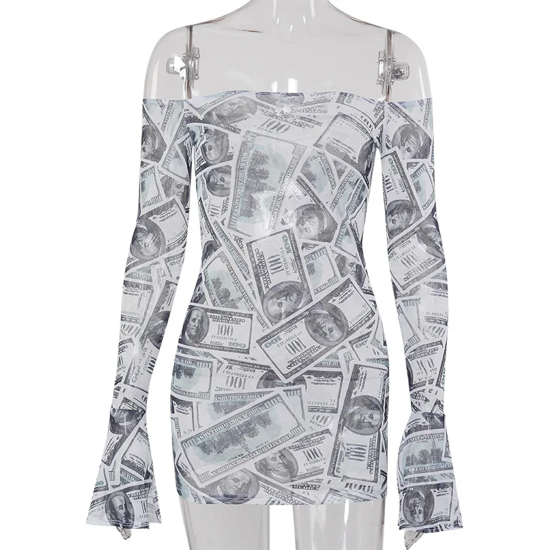 

UETEEY Money Print Flare Sleeve Sexy Off The Shoulder Mini Dress for Women New 2021 Mesh See Through Bodycon Club Dresses