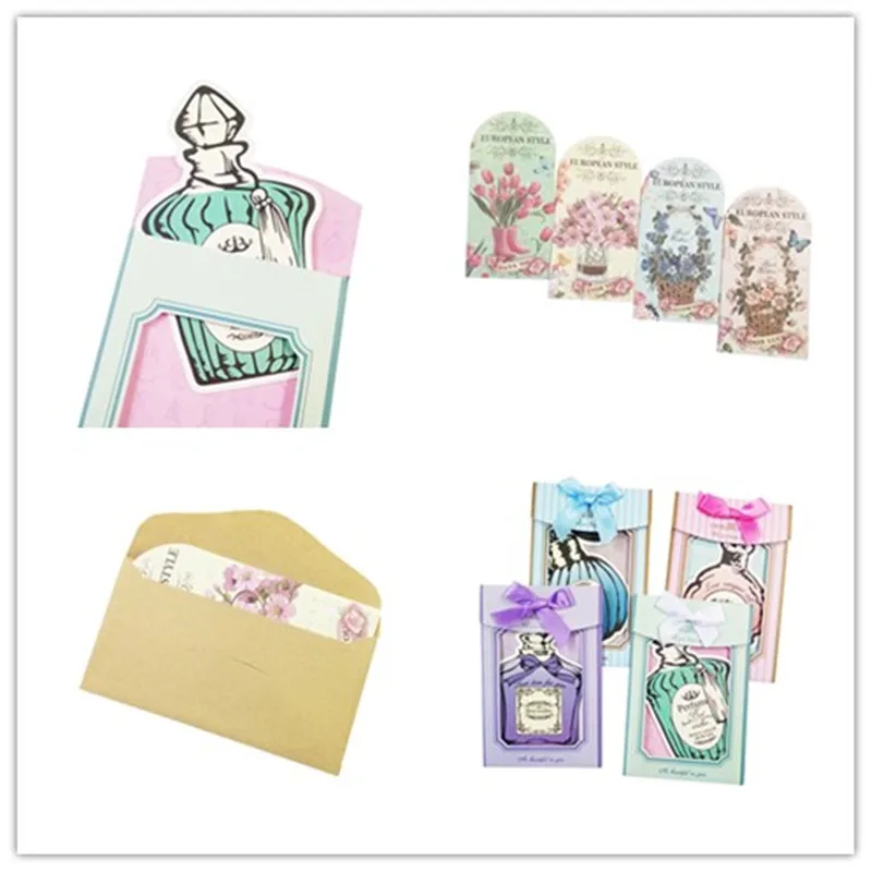 

30 упаковок романтичных цветов в форме флакона духов, поздравительная открытка, четыре дизайна, случайный прекрасный модный подарок, офисные и школьные принадлежности, Рождество