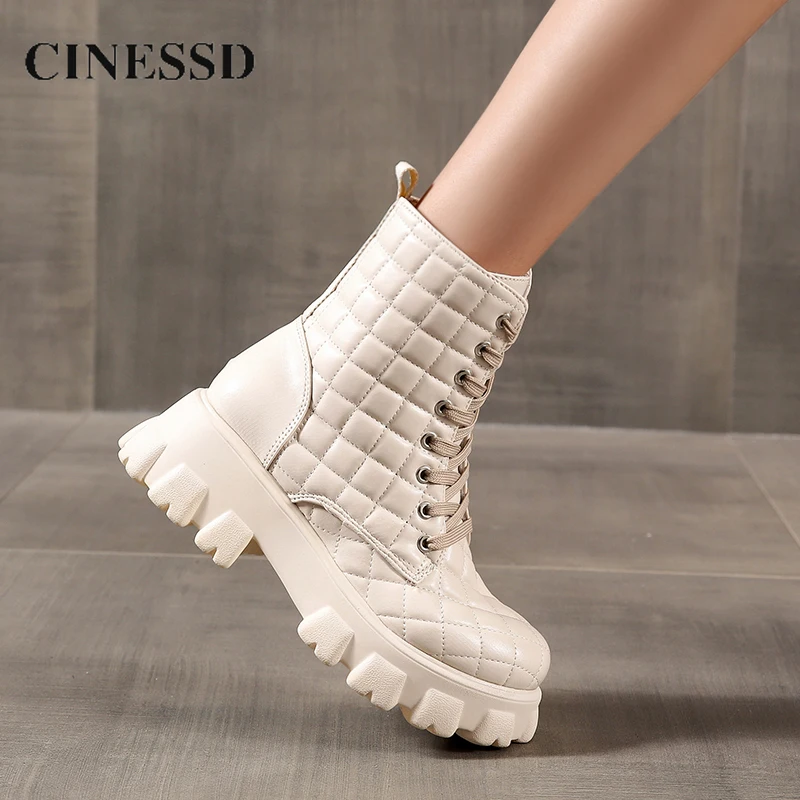 

CINESSD Women Ankle Boots Winter Gingham Platform Gothic Lace-up Shoes Woman Heels Chunky Booties Black Brown Female Boot