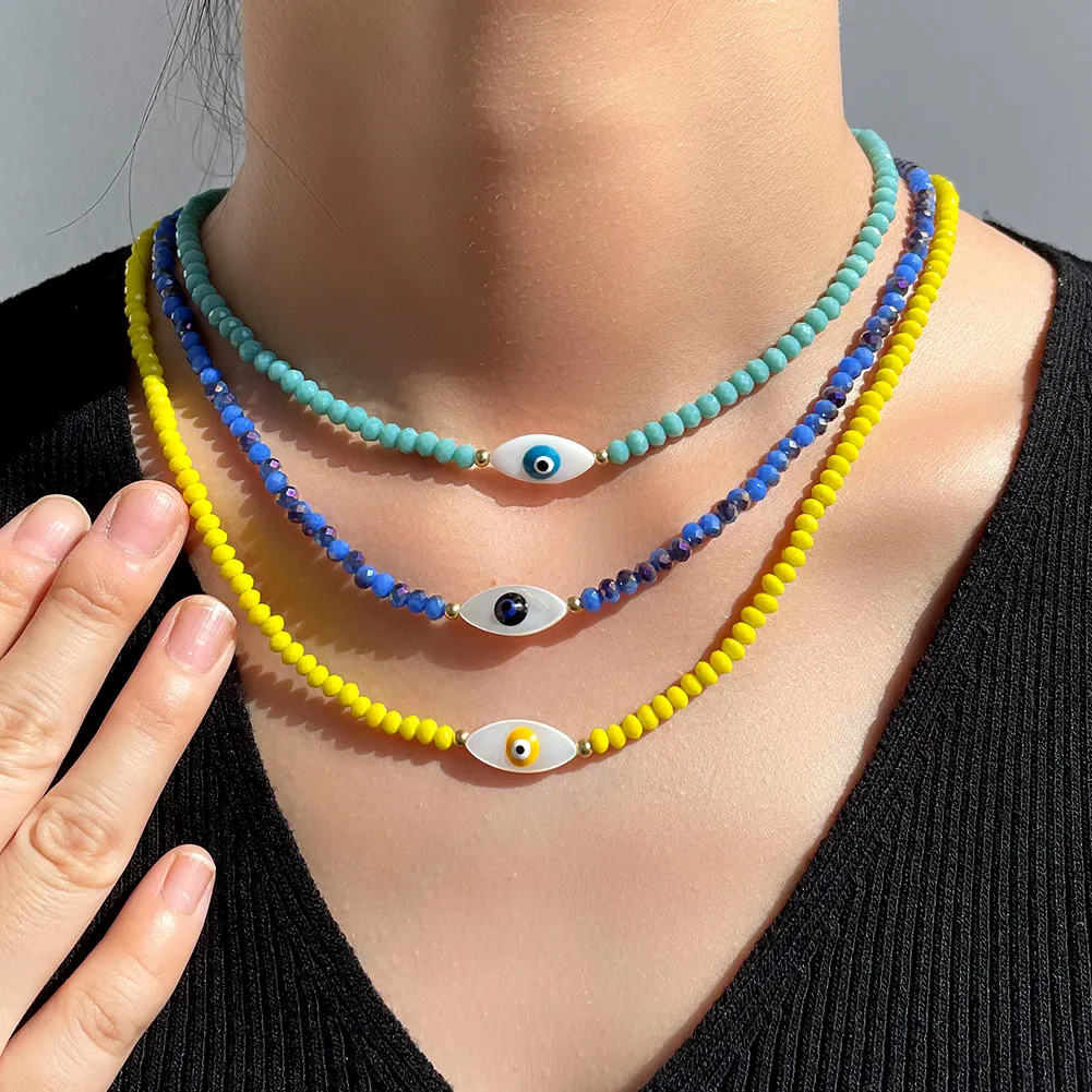 

Multicolor Crystal Beaded Natural Shell Evil Eye Choker Necklace for Women Boho Handmade Turquoise Necklace Statement Jewelry