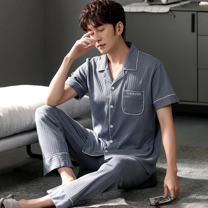 

Повседневный мужской Пижамный костюм, комплект для сна с пуговицами, ночная рубашка, одежда для сна с лацканами, топ и брюки из 2 предметов, Х...