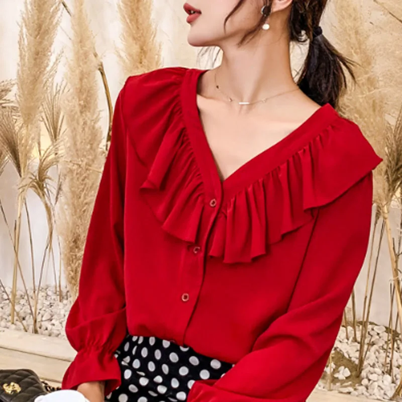 шифоновые блузки с длинным рукавом v образным вырезом для офиса Модные женские