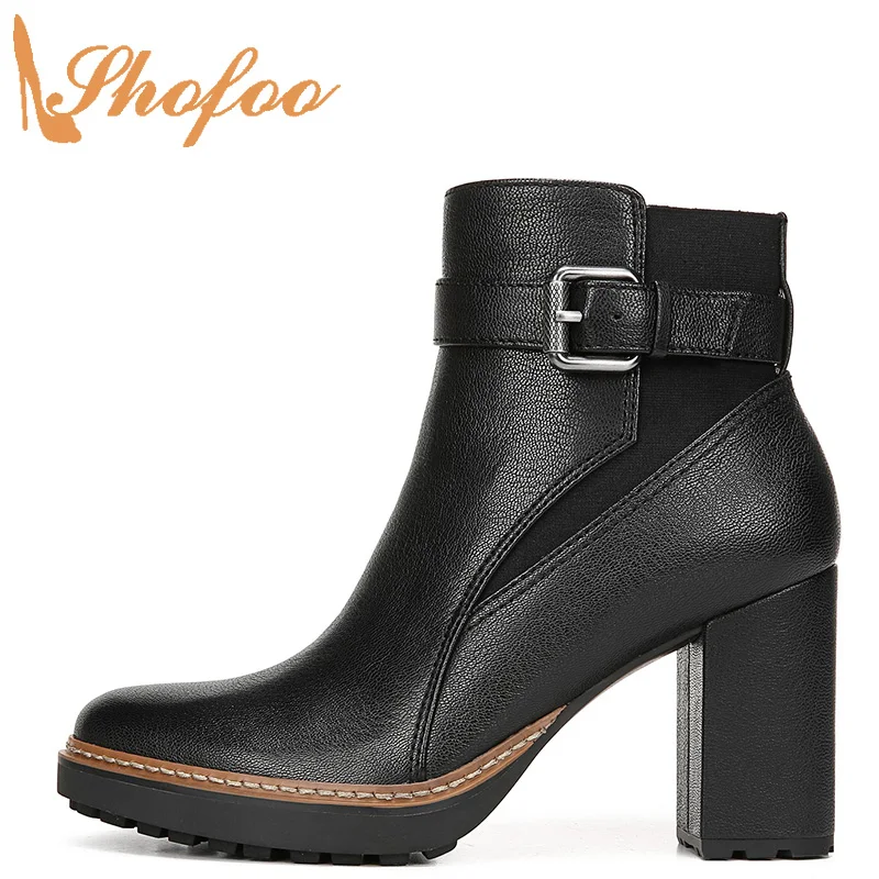 

Black Platform Ankle Boots High Chunky Heels Round Toe Booties Woman Large Size 13 15 Ladies Fashion Buckle Strap Shoes Shofoo
