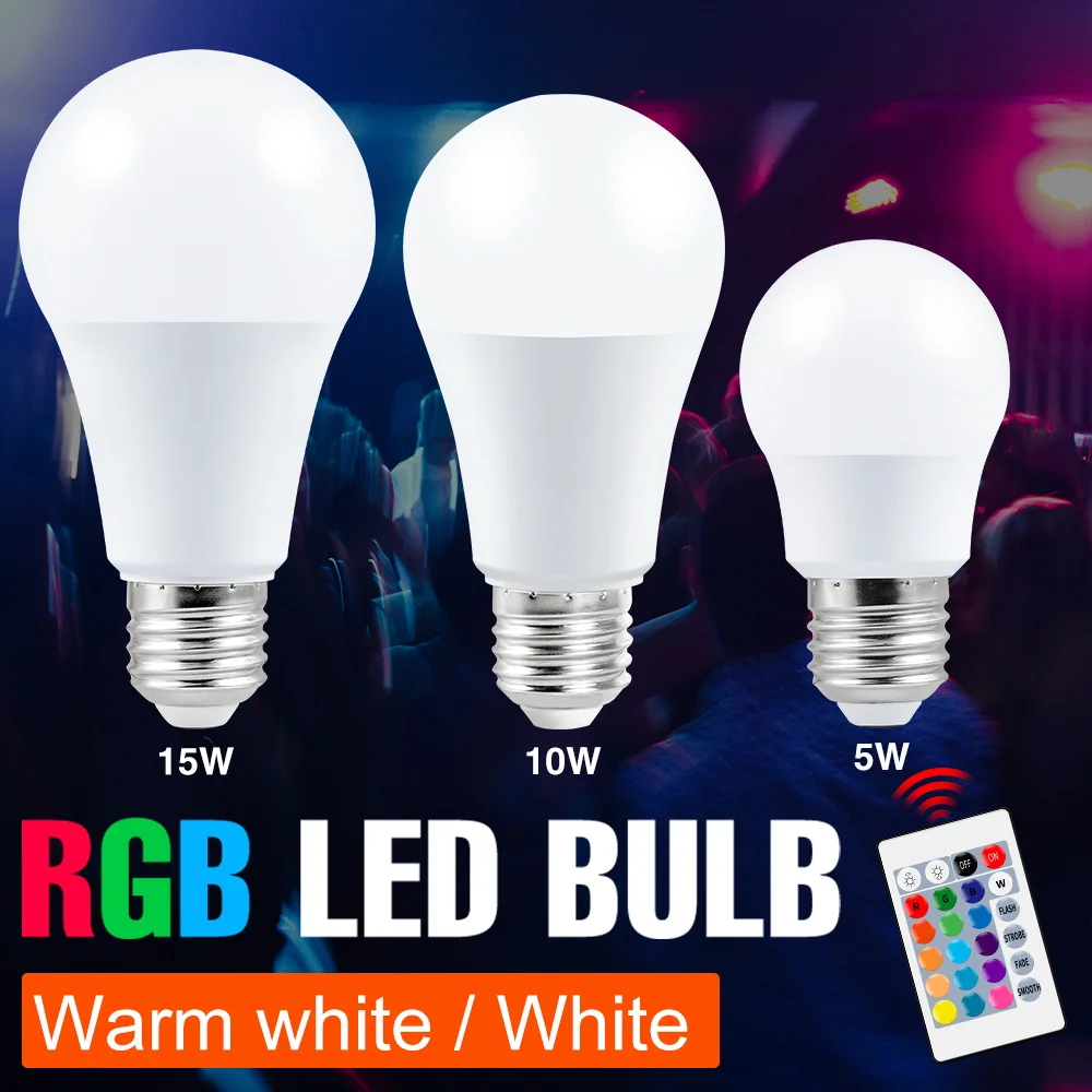 

E27 RGB Smart Bulb 220V Colorful Light Bulb RGBW 110V Dimmable Lamp 5W 10W 15W RGBWW LED Bombilla IR Remote Control Decor Lights