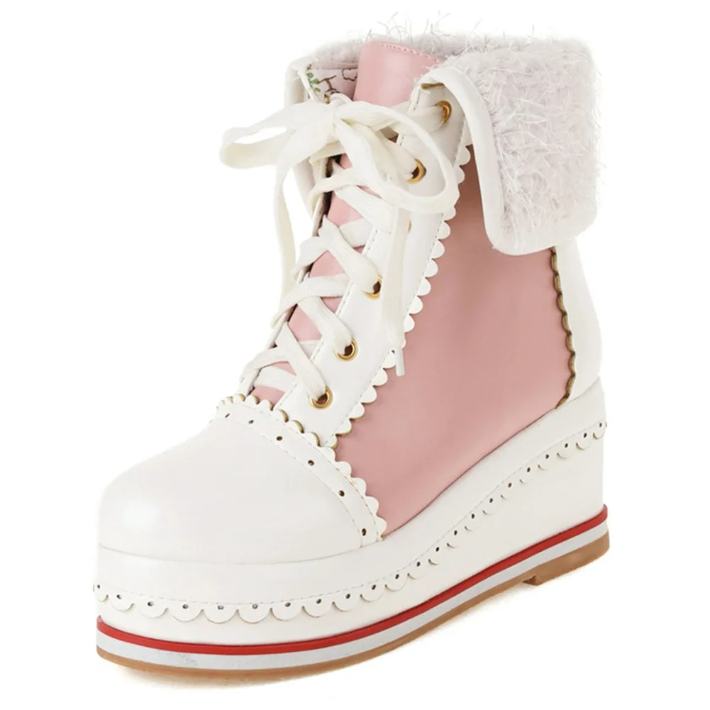 

RIBETRINI INS Hot Sale Platform Wedges Ankle Boots Women Lace Up Short Plush Sweet Cute Cosplay Casual Autumn Winter Shoes