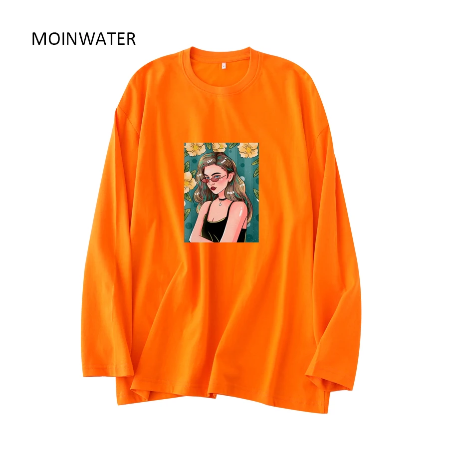 

MOINWATER женские футболки с круглым вырезом и длинными рукавами, женские хлопковые повседневные оранжевые футболки на весну и осень, MLT2174