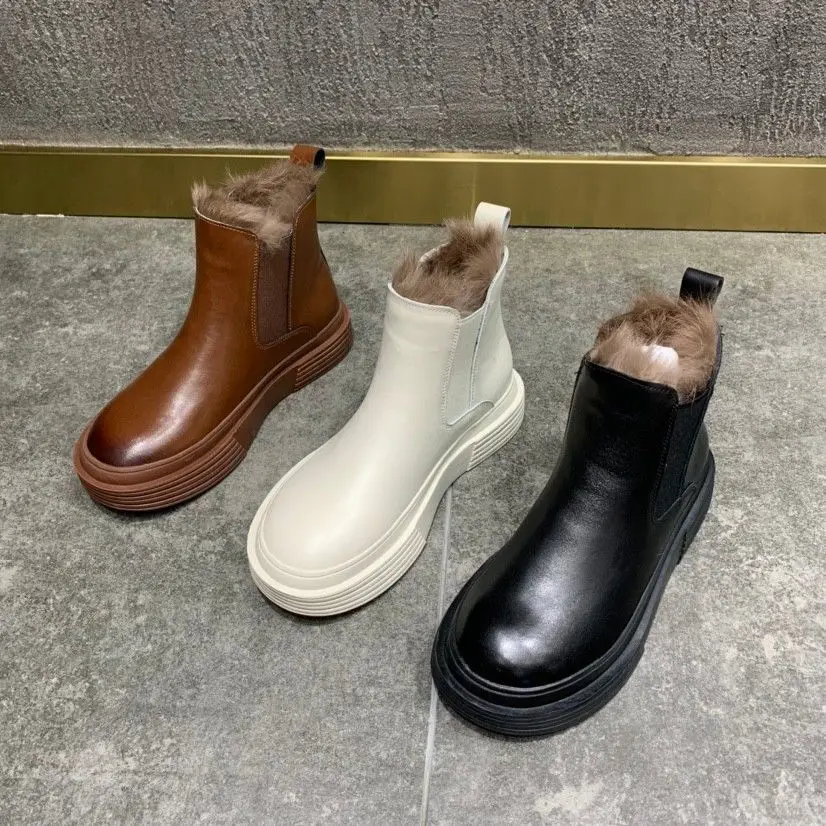 

Женские ботильоны на толстой подошве, зимние теплые ботинки с плюшевой подкладкой, черные, коричневые, красные ботинки 35-40, 2021