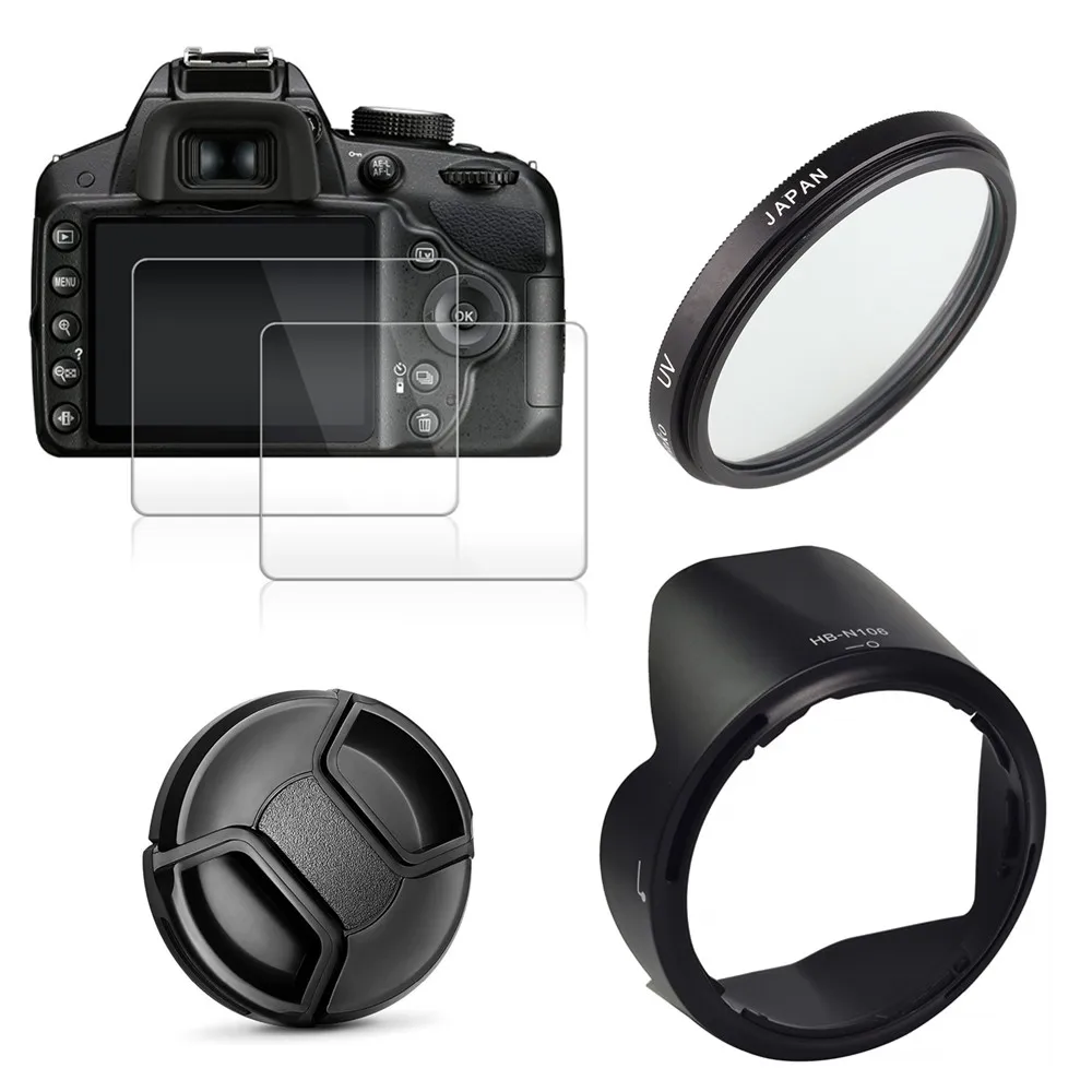 УФ фильтр + HB N106 бленда для объектива крышка 2x Защитная пленка экрана Nikon D3400 D3500 D5600
