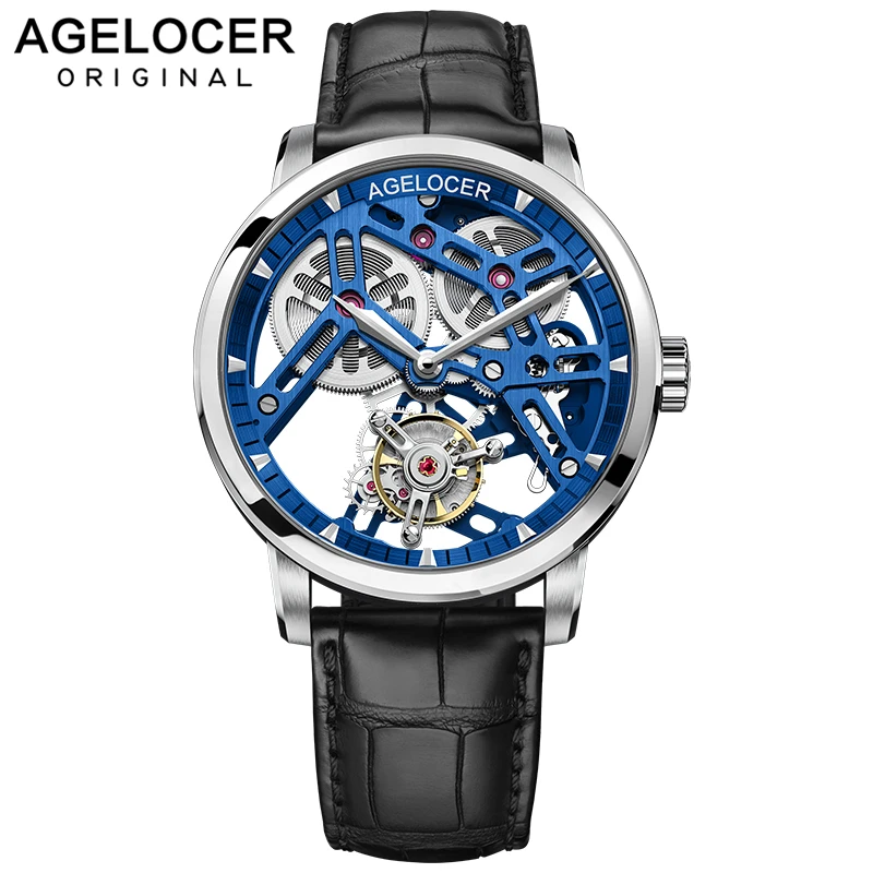 

AGELOCER Skeleton Mechanical Tourbillon Men Watch Waterproof Leather Top Brand Luxury Blue Tourbillon relogio masculino