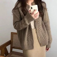 autumn and winter new cashmere cardigan women thick twist short sweater loose lazy sweater coat yellow cardigan cardigans women