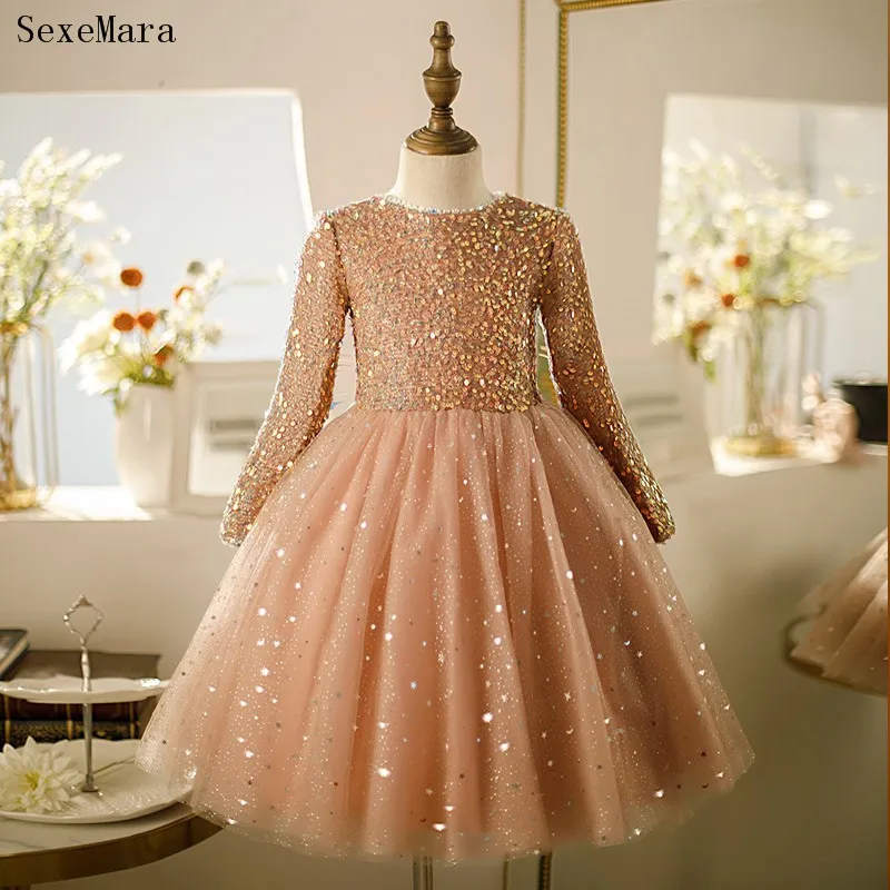 Cute Baby Girl Dress Glitter Sequins Beads Flower Girl Dress Knee Length Dresses For Girls Puffy Birthday Gown