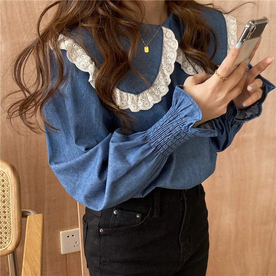 

Harajuku Blue Patchwork Lace Loose All Match Pullovers Peter Pan Collar Office Lady Chic Gentle Fashion New Shirts