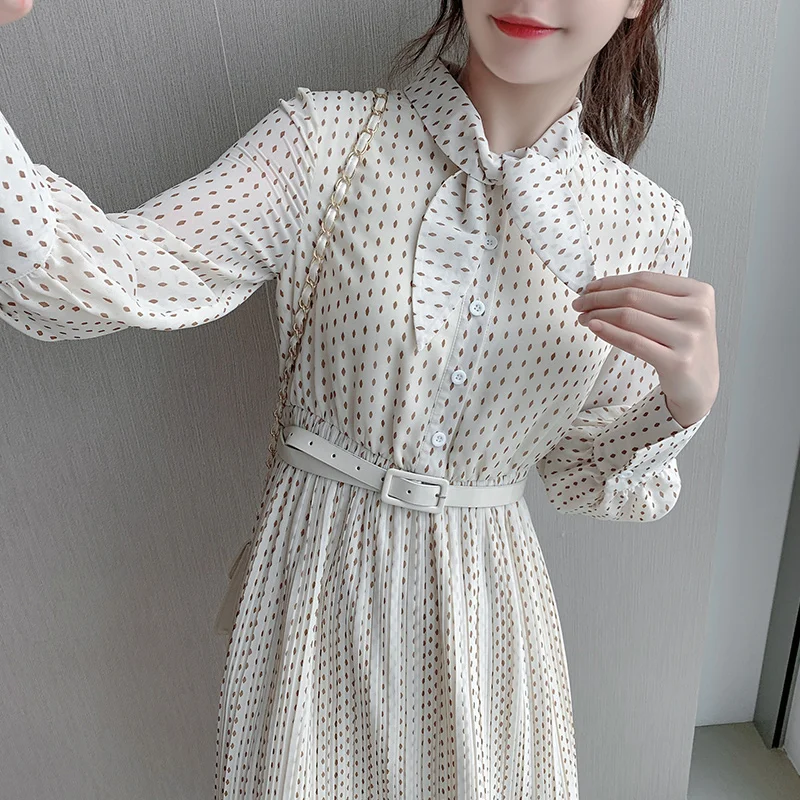 

Elegant Chiffon Women Long Dress Retro Print Spring Bow Collar Sashes Maxi Dress Long Sleeve A-line Party Female Dress Vestidos