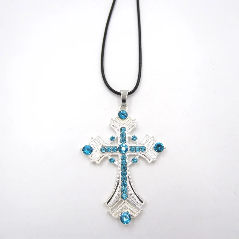 1pc Cute Girls Kids Women Blue Rhinestone Cross Pendant Pu Leather Chain Necklaces Party Dress-UP Gift Jewelry For Children