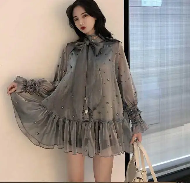 Женские шифоновые блузки с длинным рукавом свободные бусинами для работы весна