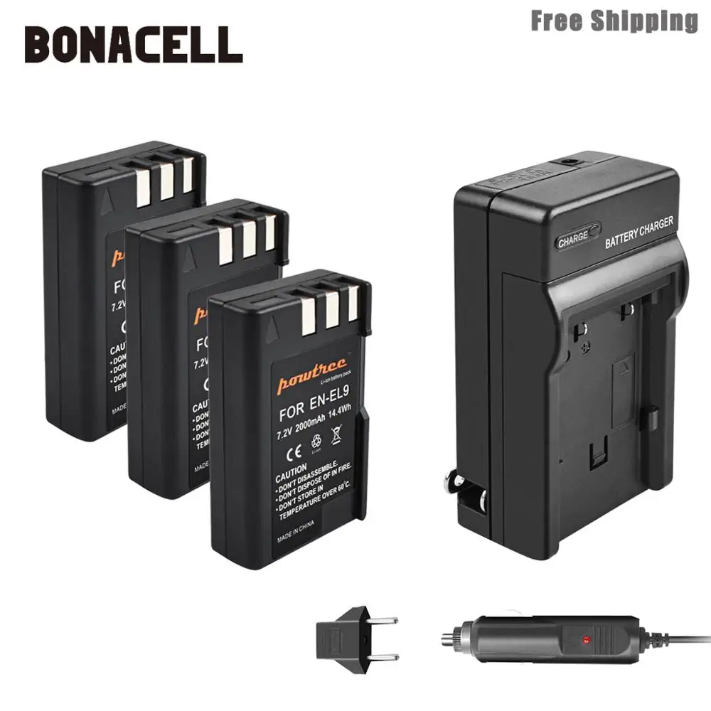 Bonacell 2000 мА/ч, EN-EL9 RU EL9 EN-EL9a RU EL9a EL9a Камера Батарея+ Зарядное устройство AKKU для Nikon EN-EL9a D40 D60 D40X D5000 D300 L50 - Цвет: 3XBattery-Charger