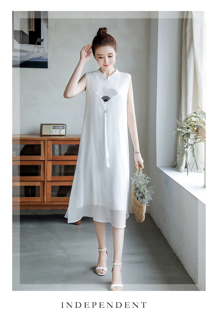 Весна Осень улучшенный Cheongsam 2 шт платье и кардиган свободные большие размеры шифоновые платья милые кисточкой винтажное женское платье
