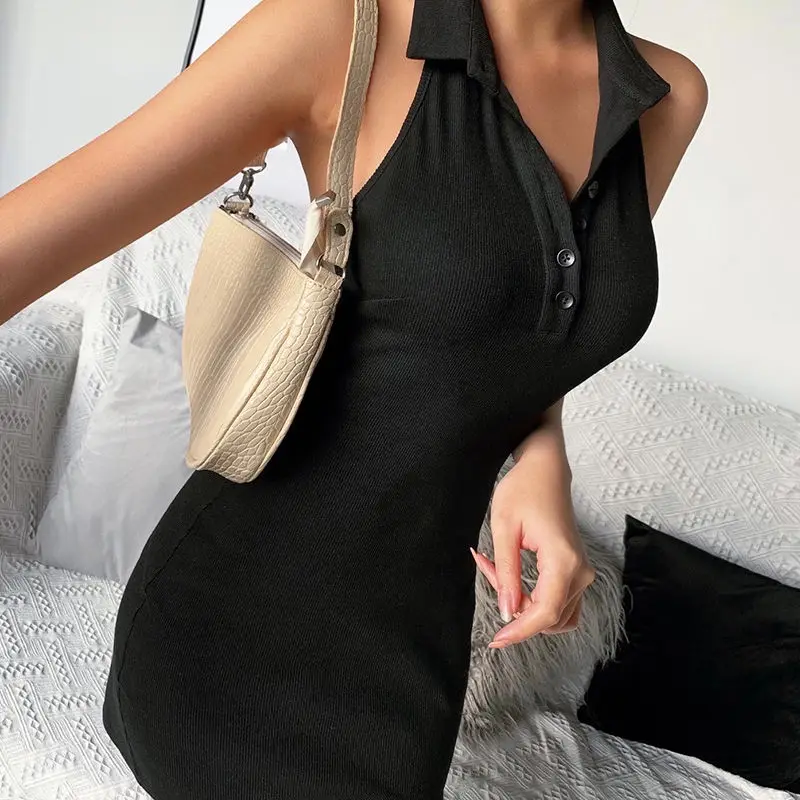 

Women Black Halter V-Neck Sleeveless Front Buttoned Design Elegant Knitted Backless Short Dresses Sexy Summer Tank Top