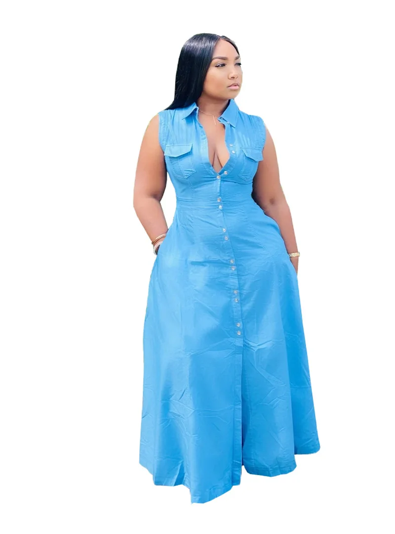 

Summer fashion dress dress casual solid shirt dress lapel sleeveless button and loose ankle holiday comfort dress