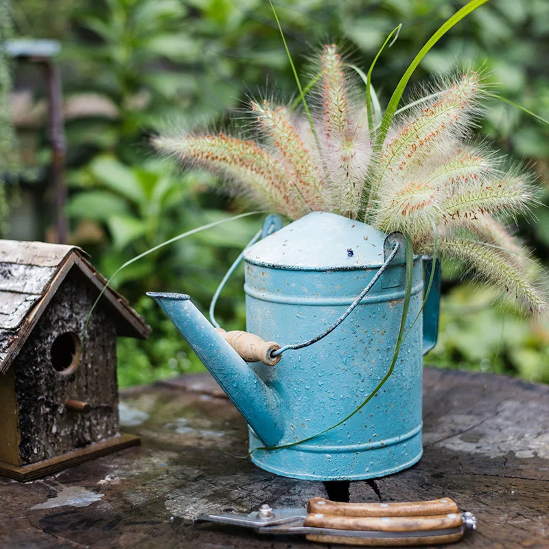 Maceta de flores para jardiner&iacute;a, regadera de lata Retro nost&aacute;lgica, adornos decorativos, macetas de flores, cesta de flores para jard&iacute;n-4