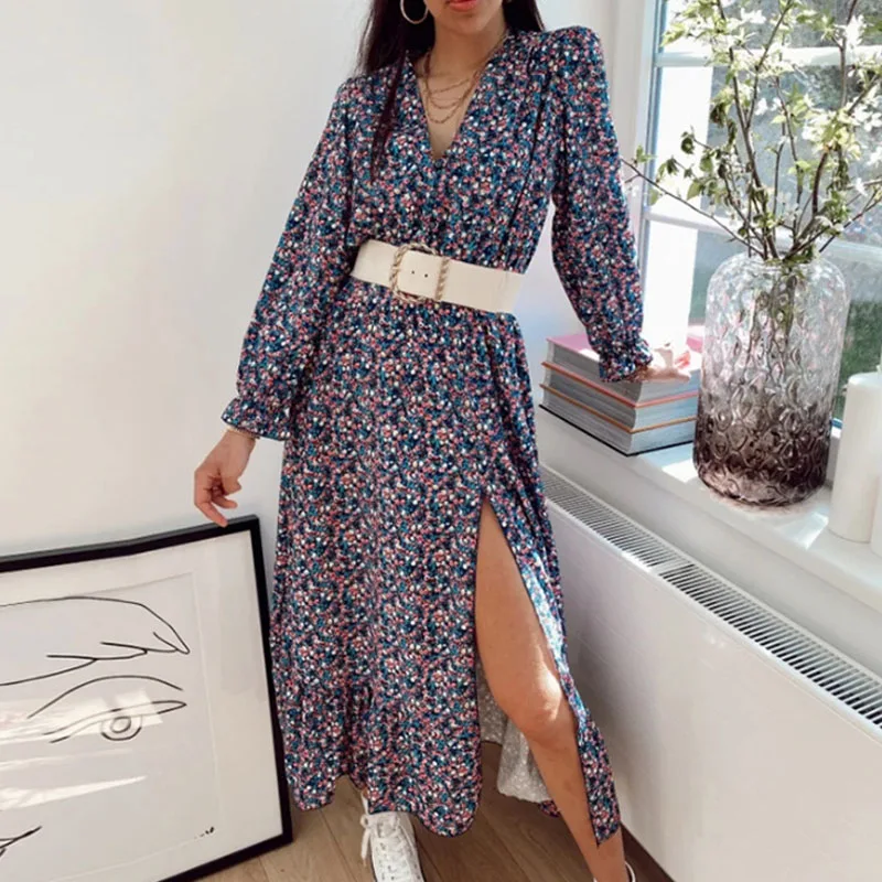 

2021 Fashion Sexy Slit A-Line Party Dress Elegant Long Sleeve V Neck Casual Maxi Dress Summer Autumn Floral Print Dress Vestidos
