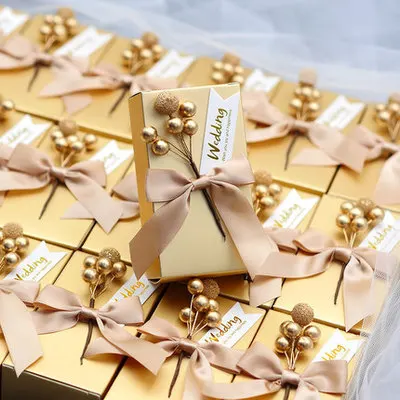 

Золотая коробка для конфет с бантом, Свадебные товары, сопутствующие подаркам, прямоугольная коробка для конфет, свадебная упаковочная кор...