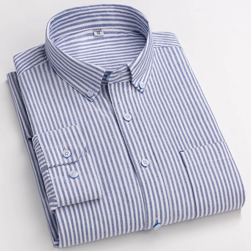 S-6XL New 100% Cotton Oxford Plaid Shirts For Mens Long Sleeve Cotton Casual White Dress Shirts Man Regular-Fit Men Social Shirt