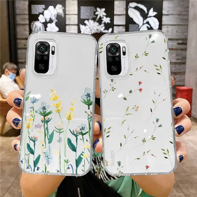 

Watercolor plants with flowers Phone Case Transparent for Xiaomi redmi note x f poco 10 11 9 7 8 3 i t s pro cover shell coque