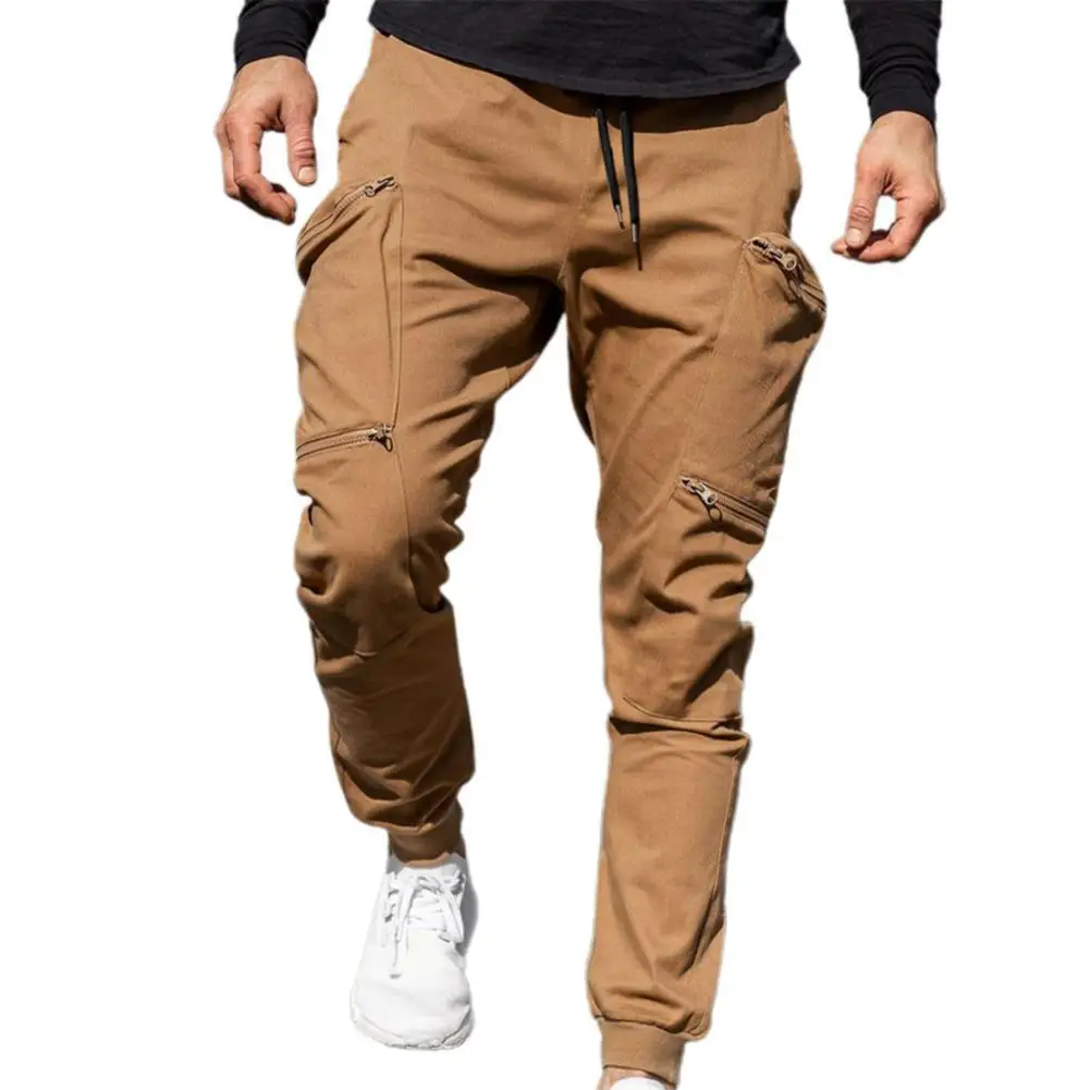 

Fashion Multi Zipper Pockets Training Trousers Solid Color Men Ankle Tied Mid Waist Cargo Pants for Outdoor Sports Outwear