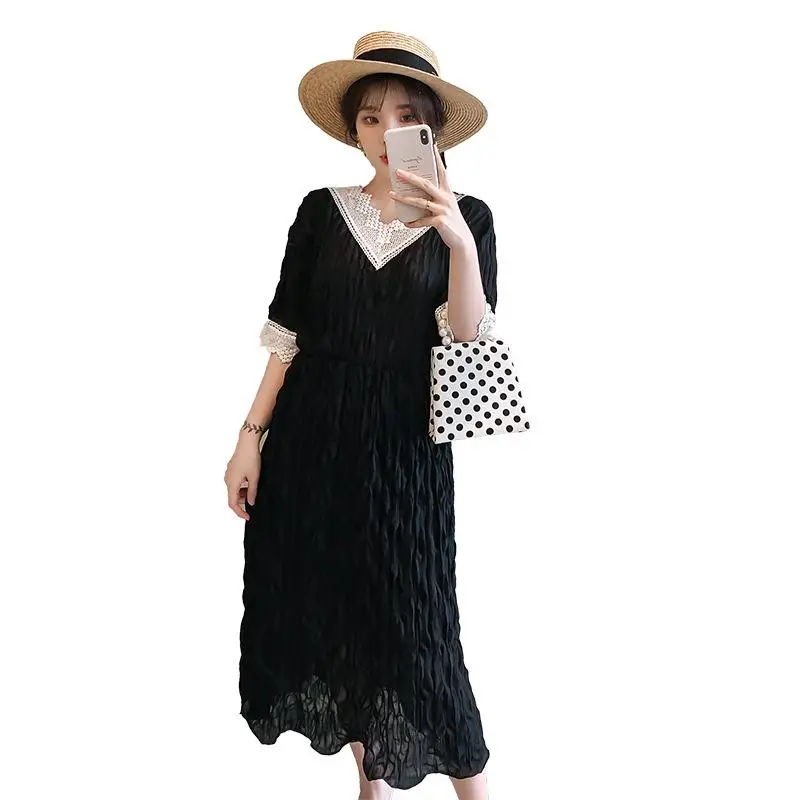 

5XL vintage lace black long dress big size women summer dress 2020 elegant evening party dress Korean pleated dress plus size