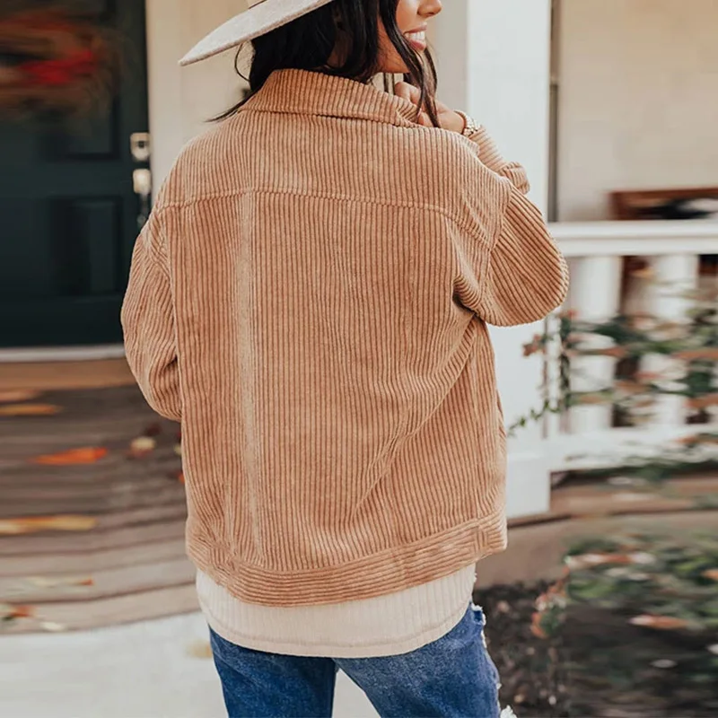 

Women's Corduroy Open Stitch Long Sleeve Coats 2021 Autumn Turn-down Collar Single Breasted Coat Lady Casual Vintage Clothes
