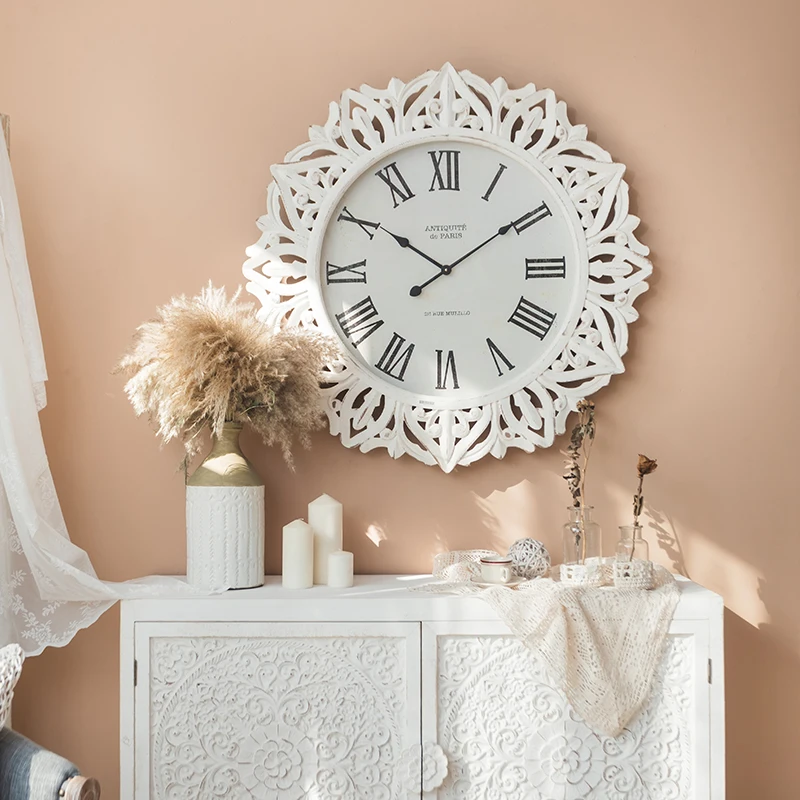 

zq White Background Wall Clock Living Room French Style Vintage Engraving Art B & B Wall Clock Decorative Clock