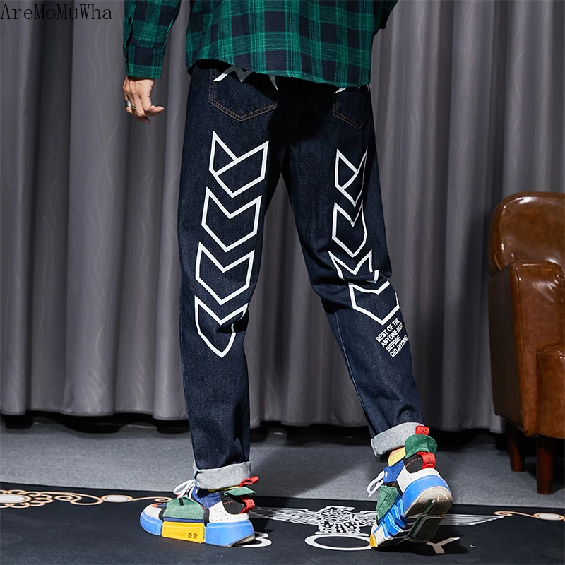 2021 Autumn New National Brand Men's Trend Loose Street Personality Printing Small Feet Denim Trousers M-6XL Denim Jeans M-6XL