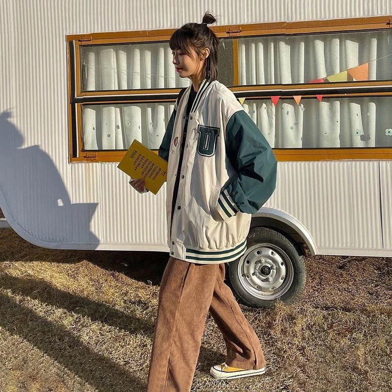 Куртка Женская бейсбольная в стиле унисекс свободная форма гонконгском ретро