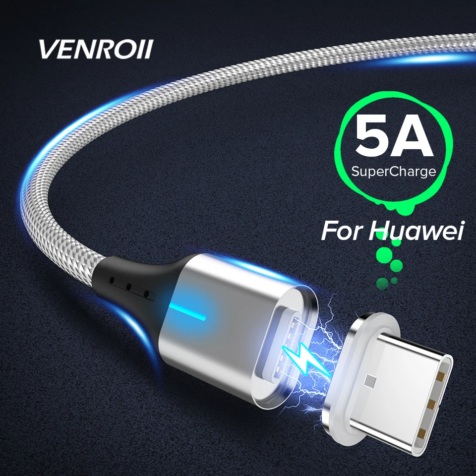 Магнитный кабель Venroii USB Type C Max 5A SuperCharge для Huawei P20 P30 Mate 20 30 Pro Быстрая зарядка