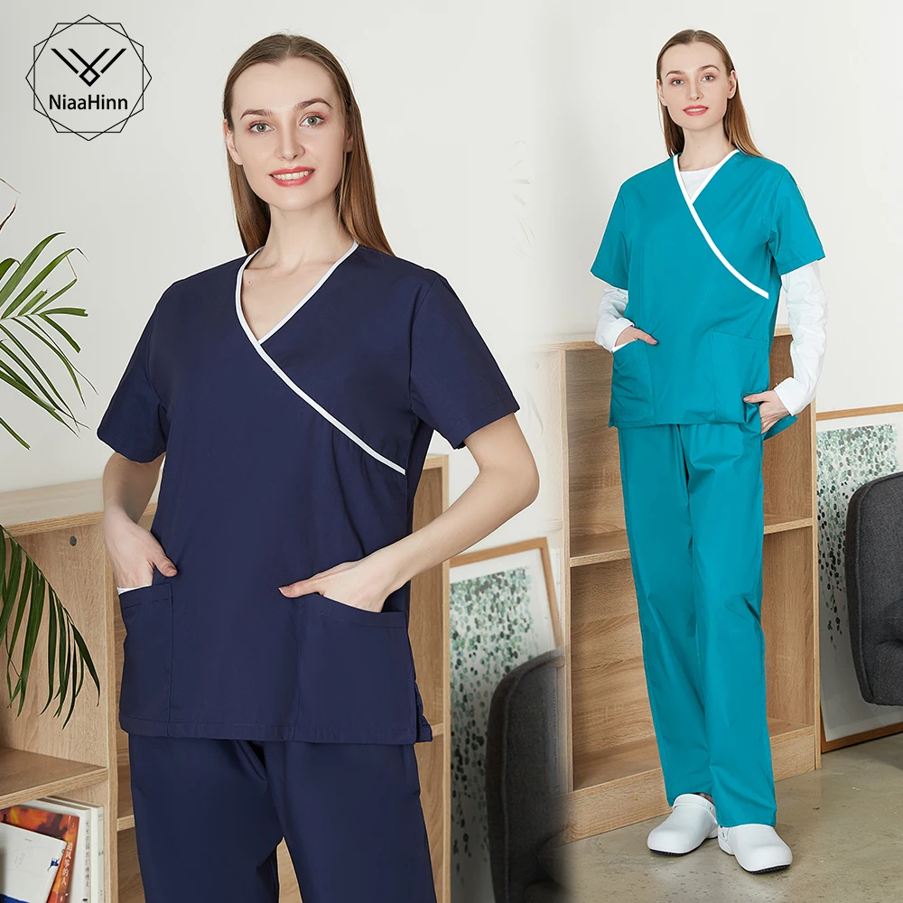 

4-color Scrubs Short-sleeved Medical Uniform V-neck Shirt Solid Color Dental Clinic Female Nursing Women Operating Room Overalls
