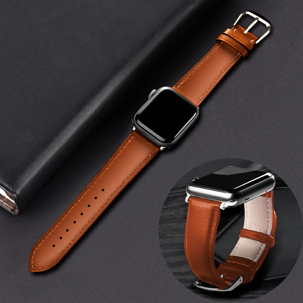 

Brown Leather Band Loop Strap For Apple Watch 6 SE 5 4 3 2 1 38mm 40mm , Men Leather Watch Band for iwatch 5 44mm 42mm Bracelet