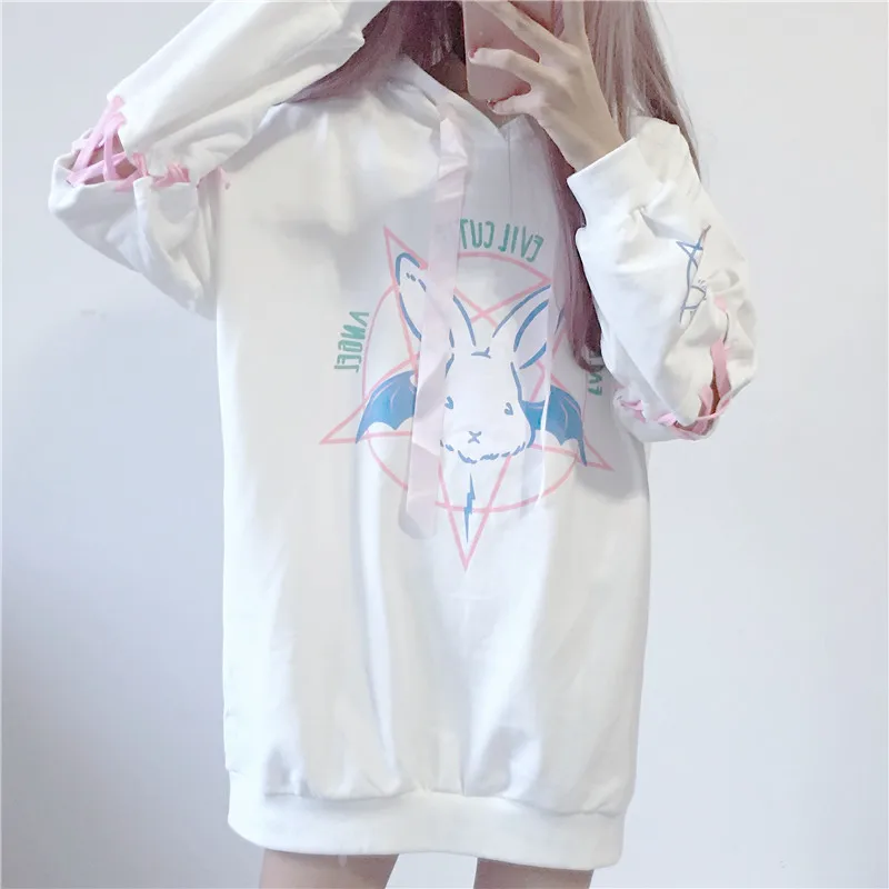 

Mid-length Kawaii Printed Hoodies Bandage Fall Winter 2021 Fashion Women White Loose Oversized Hooded Sweatshirt Black Aesthetic